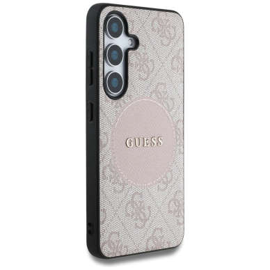 Guess 4G Round Patch Classic Logo MagSafe Dėklas Samsung Galaxy S25 Rožinis 3