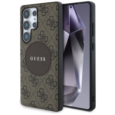 Guess 4G Round Patch Classic Logo MagSafe Dėklas Samsung Galaxy S25 Ultra Rudas