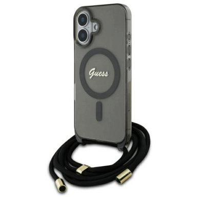 Dėklas Guess Crossbody Cord Script MagSafe iPhone 16  - Juodas