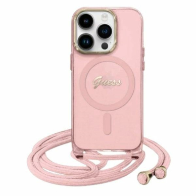 Dėklas Guess Crossbody Cord Script MagSafe iPhone 16  - Rožinis