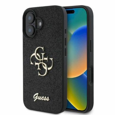 Guess Fixed Glitter Big 4G Dėklas iPhone 16 - juodas