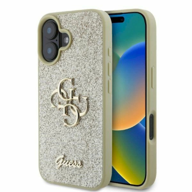 Guess Fixed Glitter Big 4G iPhone 16 Dėklas - auksinis