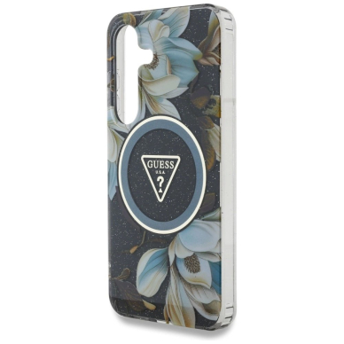 Guess Glitter Flowers Triangle Buttons MagSafe Dėklas Samsung Galaxy S25 Juodas 5