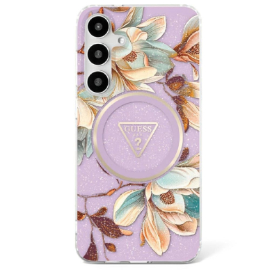 Guess Glitter Flowers Triangle Buttons MagSafe Dėklas Samsung Galaxy S25 Violetinis