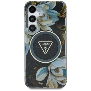 Guess Glitter Flowers Triangle Buttons MagSafe Dėklas Samsung Galaxy S25 Ultra Juodas