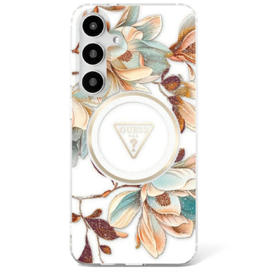 Guess Glitter Flowers Triangle Buttons MagSafe Dėklas Samsung Galaxy S25 Ultra white