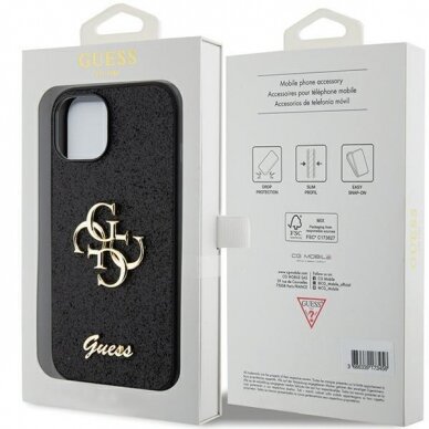 Originalus dėklas Guess Glitter Script Big 4G case skirta iPhone 15 - Juodas 7