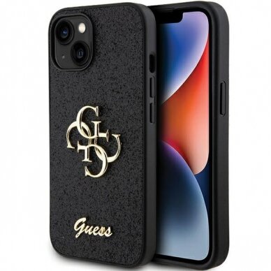Originalus dėklas Guess Glitter Script Big 4G case skirta iPhone 15 - Juodas