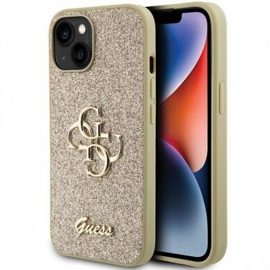 Dėklas Guess Glitter Script Big 4G   iPhone 15 - Auksinis