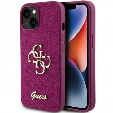 Dėklas Guess Glitter Script Big 4G   iPhone 15 - Violetinis