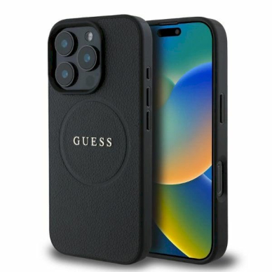 Guess Grained Gold Ring MagSafe Dėklas iPhone 16 Pro - juodas