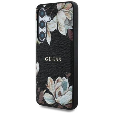 Guess Grained Printed Flower Pattern MagSafe Dėklas Samsung Galaxy S25 Juodas 1