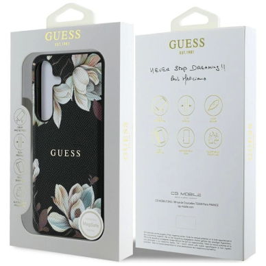 Guess Grained Printed Flower Pattern MagSafe Dėklas Samsung Galaxy S25 Juodas 7