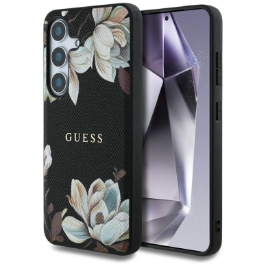 Guess Grained Printed Flower Pattern MagSafe Dėklas Samsung Galaxy S25 Juodas