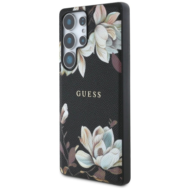 Guess Grained Printed Flower Pattern MagSafe Dėklas Samsung Galaxy S25 Ultra Juodas 1