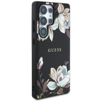 Guess Grained Printed Flower Pattern MagSafe Dėklas Samsung Galaxy S25 Ultra Juodas 3