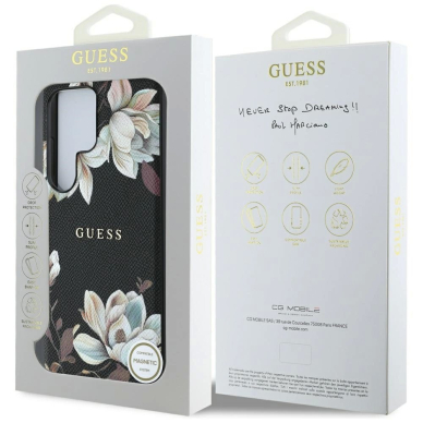 Guess Grained Printed Flower Pattern MagSafe Dėklas Samsung Galaxy S25 Ultra Juodas 7