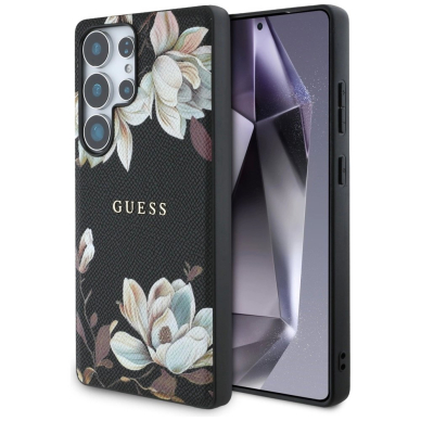 Guess Grained Printed Flower Pattern MagSafe Dėklas Samsung Galaxy S25 Ultra Juodas