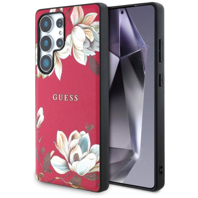 Guess Grained Printed Flower Pattern MagSafe Dėklas Samsung Galaxy S25 Ultra Fuchsia