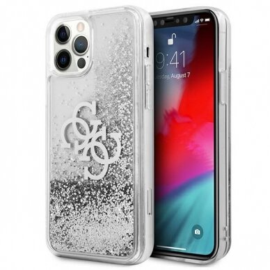 Originalus dėklas Guess Big Liquid Glitter iPhone 12 Pro Max Sidabrinis GUHCP12LLG4GSI