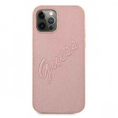 Originalus Guess dėklas GUHCP12LRSAVSRG iPhone 12 Pro Max 6.7 Rožinis Saffiano Vintage Script 2