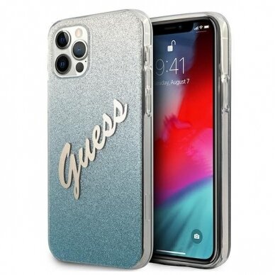 Originalus Guess dėklas GUHCP12MPCUGLSBL iPhone 12/12 Pro mėlynas Glitter Gradient Script