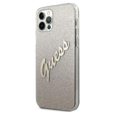 Originalus Guess dėklas GUHCP12MPCUGLSGO iPhone 12/12 Pro auksinis Glitter Gradient Script 1