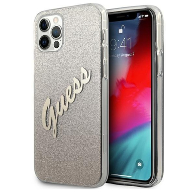 Originalus Guess dėklas GUHCP12MPCUGLSGO iPhone 12/12 Pro auksinis Glitter Gradient Script