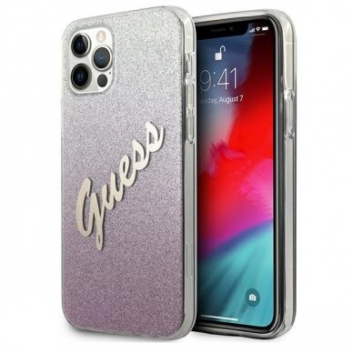 Originalus Guess dėklas GUHCP12MPCUGLSPI iPhone 12/12 Pro rožinis Glitter Gradient Script