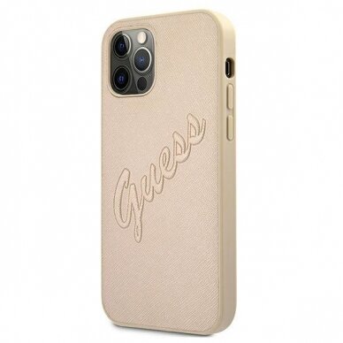 Originalus Guess dėklas GUHCP12MRSAVSLG iPhone 12/12 Pro 6.1 Auksinis Saffiano Vintage Script 1