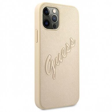 Originalus Guess dėklas GUHCP12MRSAVSLG iPhone 12/12 Pro 6.1 Auksinis Saffiano Vintage Script 3