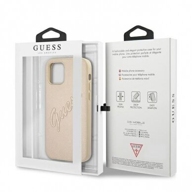 Originalus Guess dėklas GUHCP12MRSAVSLG iPhone 12/12 Pro 6.1 Auksinis Saffiano Vintage Script 7