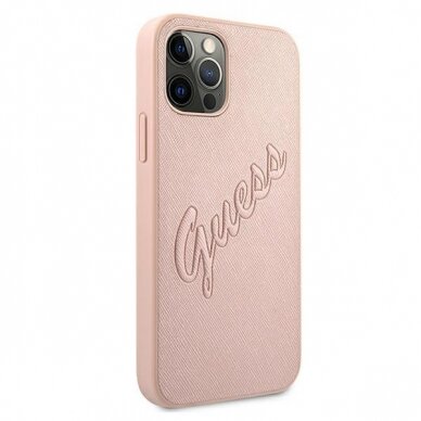 Originalus Guess dėklas GUHCP12MRSAVSRG iPhone 12/12 Pro 6.1 Rožinis Saffiano Vintage Script 3