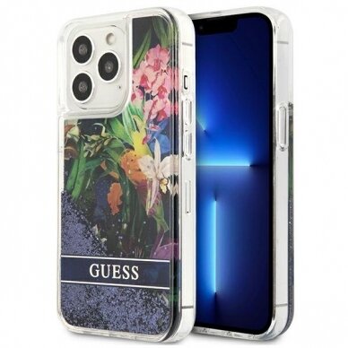 Dėklas Guess Flower Liquid Glitter GUHCP13LLFLSB iPhone 13 Pro Mėlynas