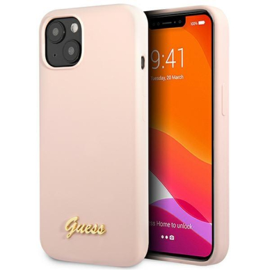 Dėklas Guess Silicone Script Gold Logo GUHCP13MLSLMGLP iPhone 13 Rožinis