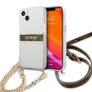 Originalus Guess dėklas GUHCP13SKC4GBGO iPhone 13 mini 5,4 Permatomas 4G Brown Strap Gold Chain