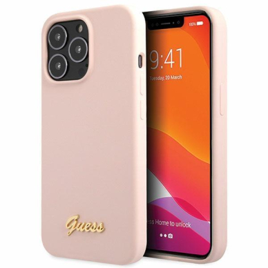 Dėklas Guess Silicone Script Gold Logo GUHCP13XLSLMGLP iPhone 13 Pro Max Rožinis