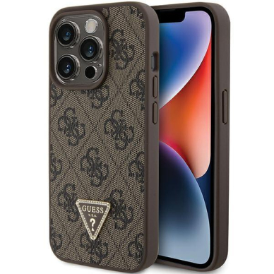 Originalus dėklas Guess GUHCP15LP4TDPW iPhone 15 Pro 6.1  Rudas/Rudas hardcase Leather 4G Triangle Strass