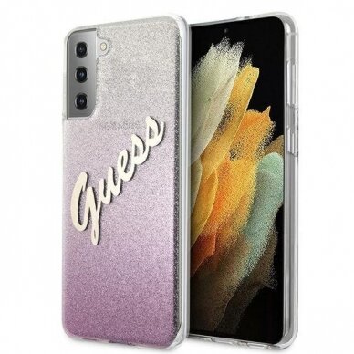 Originalus Guess dėklas GUHCS21MPCUGLSPI S21+ G996 rožinis Glitter Gradient Script