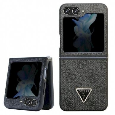 Originalus Guess dėklas GUHCZF5P4TDPK F731 Z Flip5 case - Juodas Leather 4G Diamond Triangle