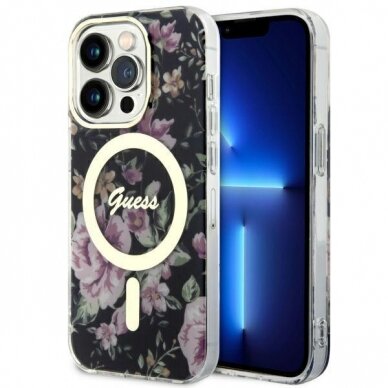 Dėklas Guess Flower MagSafe GUHMP14LHCFWSK iPhone 14 Pro Juodas