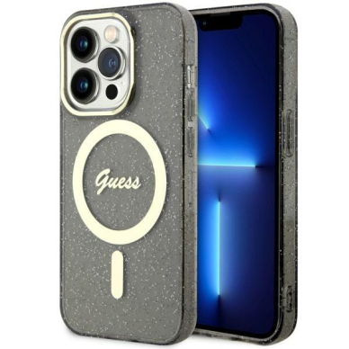 Dėklas Guess Glitter Gold MagSafe GUHMP14LHCMCGK iPhone 14 Pro Juodas