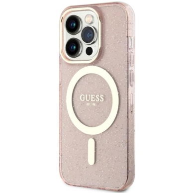 Dėklas Guess Glitter Gold MagSafe GUHMP14LHCMCGP iPhone 14 Pro Rožinis 1