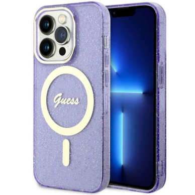 Dėklas Guess Glitter Gold MagSafe GUHMP14LHCMCGU iPhone 14 Pro Purpurinis