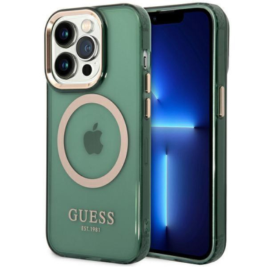 Dėklas Guess Gold Outline Translucent MagSafe GUHMP14LHTCMA iPhone 14 Pro Žalias