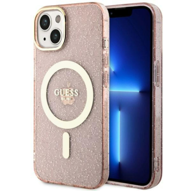 Dėklas Guess Glitter Gold MagSafe GUHMP14MHCMCGP iPhone 14 Plus Rožinis