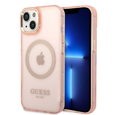 Dėklas Guess Gold Outline Translucent MagSafe GUHMP14SHTCMP iPhone 14 Rožinis