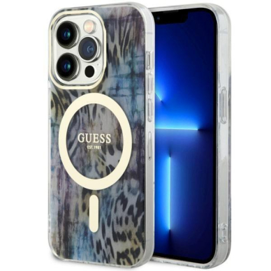 Dėklas Guess Leopard MagSafe GUHMP14XHLEOPWB iPhone 14 Pro Max Mėlynas