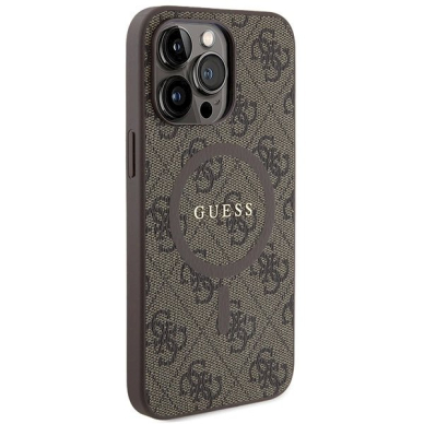 Originalus Guess dėklas GUHMP15LG4GFRW iPhone 15 Pro 6.1" Rudas/Rudas hardcase 4G Collection Leather Metal Logo MagSafe 3