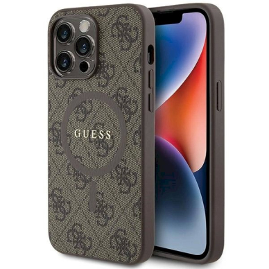 Originalus Guess dėklas GUHMP15LG4GFRW iPhone 15 Pro 6.1" Rudas/Rudas hardcase 4G Collection Leather Metal Logo MagSafe